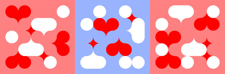 Abstract Geometric Heart Pattern. Vector Love Background with Modern Mosaic Art. Retro Graphic with Hearts and Speech Bubbles. Valentine's Day Poster Concept.