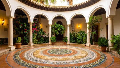 A serene courtyard with arched colonnades and a colorful mosaic floor showcases Spanish architecture.