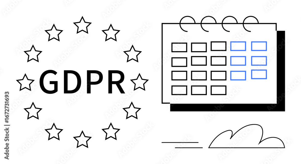Aufkleber gdpr text surrounded by eu stars next to a calendar with highlighted dates and abstract cloud lines.