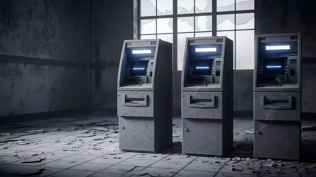 Row of glowing atm machines in dark abandoned room
