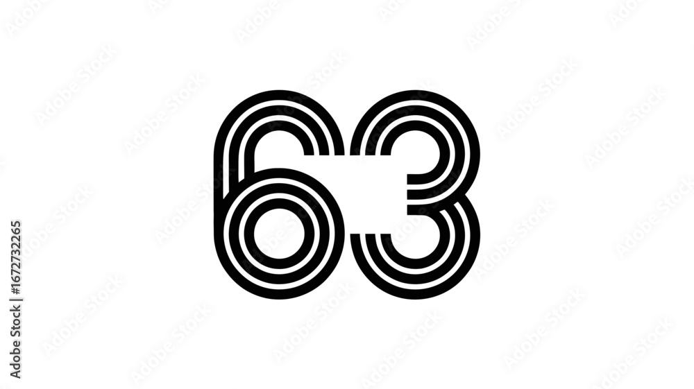 Poster stylized black number 63 with concentric lines on a white background, creating a retro striped effec