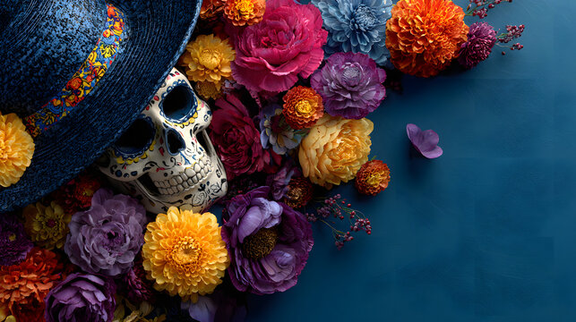 Mexican Day of the Dead blue background with Calaver sugar skull in hat and flwers top view copy space. oncept of celebrating the ay of the dead in Mexico. ia de los muertos