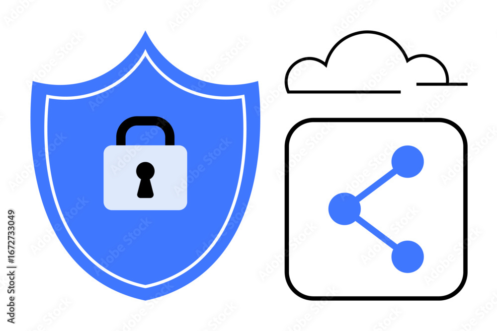 Poster shield with a lock, cloud symbol, and network-sharing icon emphasizing data security, encrypted shar