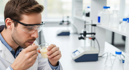 Young male food scientist in safety glasses carefully tastes dairy product sample for quality assessment in modern laboratory with advanced equipment
