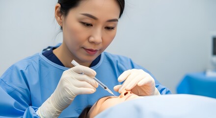 Medical Professional Woman Performing Dermal Filler Injection in Clinic