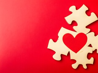 Red Heart Puzzle Pieces on Red Background Valentine's Day Concept