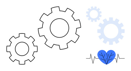 Interconnected gears with a heartbeat and heart underline innovation, teamwork, health, technology, and efficiency. Ideal for teamwork, innovation, healthcare, technology workflow wellness
