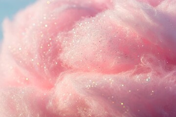Close-up of fluffy pink cotton candy with shimmering glitter.
