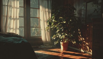 Sunlight streams into a cozy room, illuminating a leafy plant