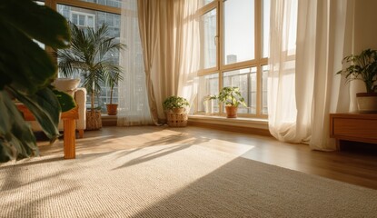 Sunlight streams into a modern living space filled with plants