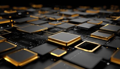 Abstract computer circuit, squares, gold accents