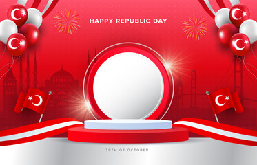 29th October Turkey Republic Day round podium design on celebration red background. Holiday sale banners, posters, cards, flyers template. Vector illustration.
