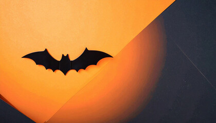 Naklejka premium Minimal Halloween design with a single black bat silhouette flying against an orange and black gradient background, simple seasonal spooky decoration style