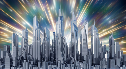 Futuristic cityscape shimmers under radiant light streaks evoking a sense of dynamic progress and