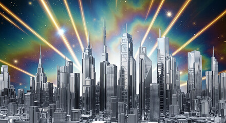 Futuristic silver city shines with celestial light rays evoking wonder and awe in digital art.