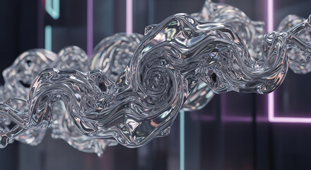 Abstract chrome fluid with swirling patterns flows against a dark, luminous geometric background.