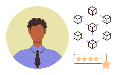 Business professional with blockchain network illustration and star rating emphasizing expertise. Ideal for blockchain, expertise, professionalism, user feedback, tech culture, personal branding
