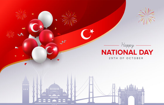 Happy Turkey Republic Day design with silhouette Istanbul landmark and wavy turkey flag celebration background. Vector illustration.