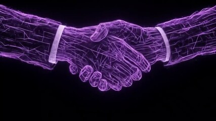 Digital handshake symbolizes successful business agreement and partnership in glowing neon wireframe - Powered by Adobe