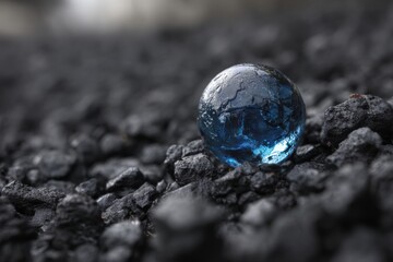 A translucent blue sphere rests on a bed of dark gray rocks