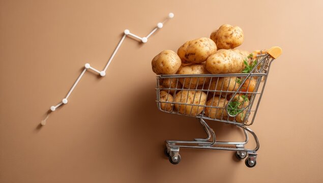 Potatoes in a shopping cart with a growth chart
