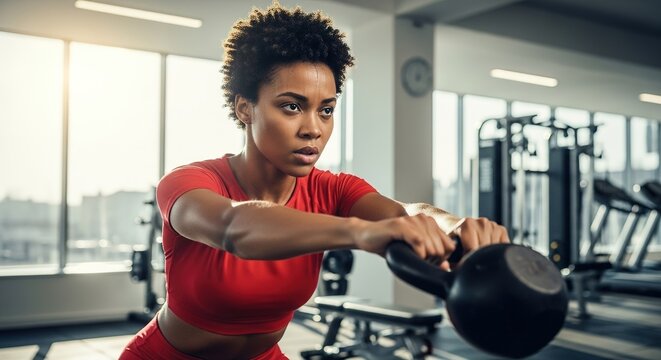 Dynamic African Woman Kettlebell Workout in Modern Fitness Gym for New Year Campaign  

