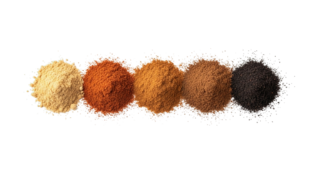 Isolated pumpkin spice ingredients in five separate piles, including ground ginger, cinnamon, nutmeg, allspice, and clove, on a white and transparent background