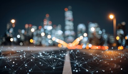 Blurry cityscape at night with digital network overlay (1)