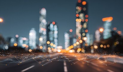 Night cityscape with interconnected network overlay