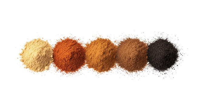 Isolated pumpkin spice ingredients in five separate piles, including ground ginger, cinnamon, nutmeg, allspice, and clove, on a white and transparent background