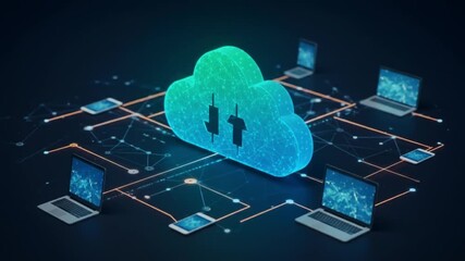 Dynamic cloud computing network connects devices, symbolizing data transfer and digital connectivity for modern businesses. - Powered by Adobe