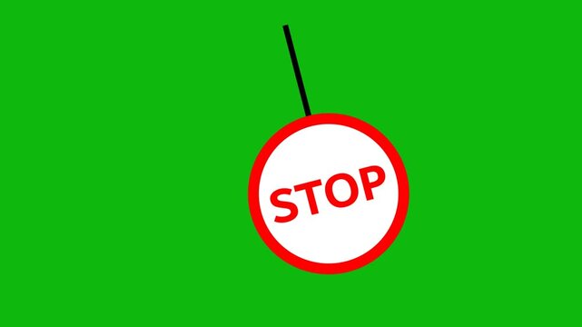 Traffic sign, red stop sign hanging on a thread, green screen background.