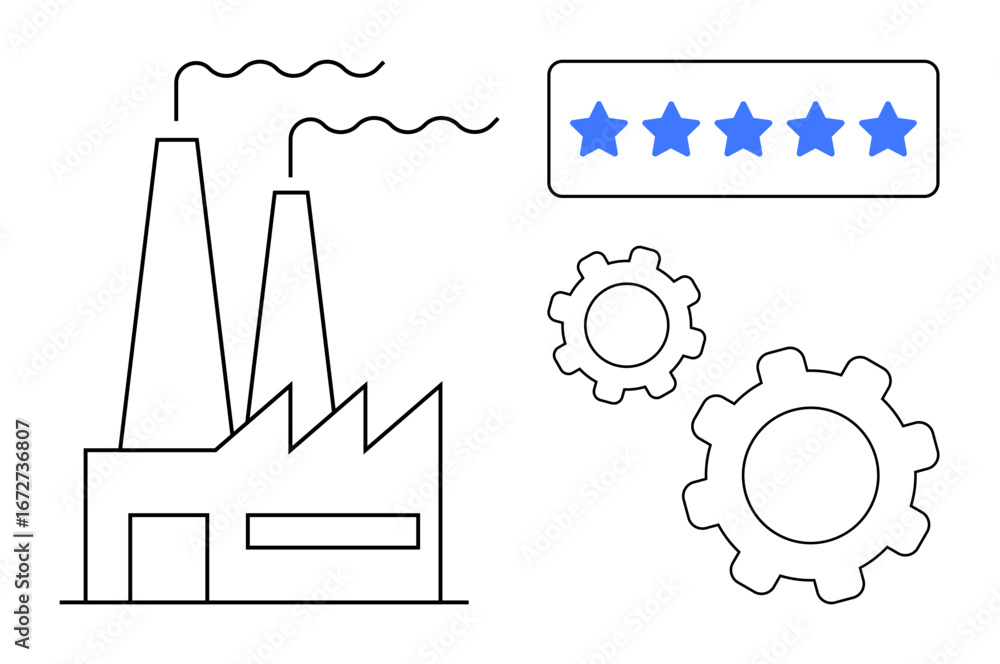 Poster factory building with smoke chimneys, two gears symbolizing operations, and a five-star rating for q