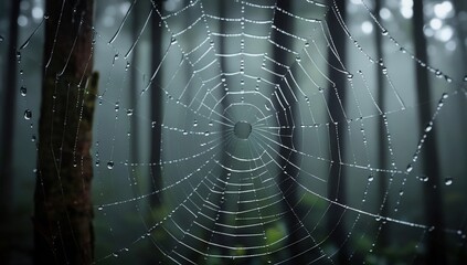 Dewkissed spiderweb with misty forest.