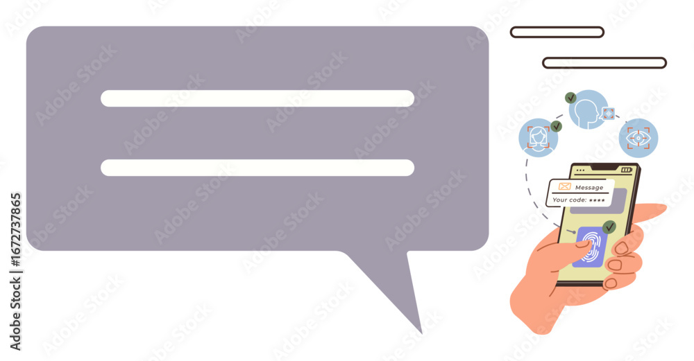 Poster hand holding smartphone sending a text. large speech bubble emphasizes messaging. ideal for communic