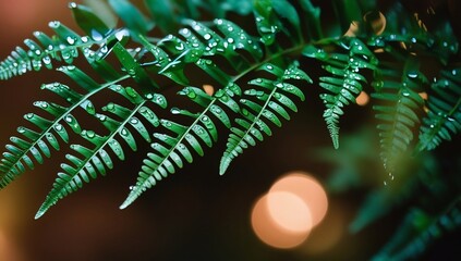 Dewdrops on Fern with Lush Green Foliage.