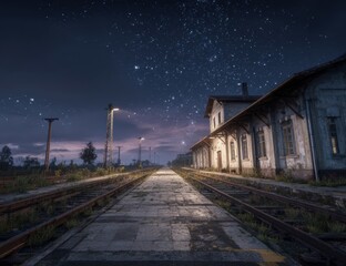 Fototapeta premium Abandoned train station at night under a starry sky (5)