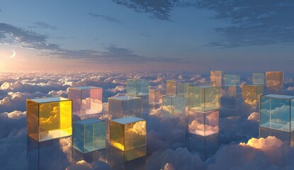 Colorful cubes floating on clouds at sunrise
