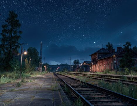 Abandoned train station at night under a starry sky (3)