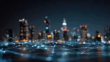 Blurry cityscape at night with digital network overlay (2)