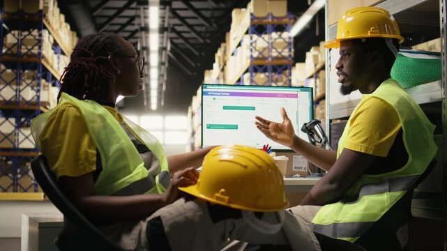 Black warehouse team overseeing incoming pallets shipment of goods, monitoring tracking software on computer for cargo movement details. Colleagues with hi vis vests in logistics hub. Camera A.