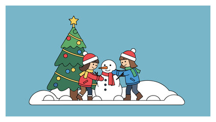 Fototapeta premium Children building snowman next to Christmas tree in winter.
