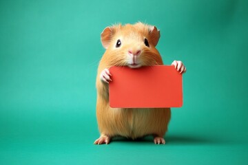 Pet mockup with message. Cute baby animal guinea pig hold in front paws a template - large red zoo sign. Poster critter template. Isolated baby animal on a solid uniform green background.