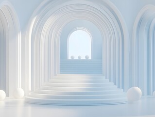 Fototapeta premium Abstract White Architecture Interior with Arched Hallway and Staircase