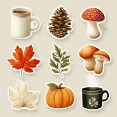 Autumnal Stickers Cozy Drink, Forest Fungi, & Fall Leaves