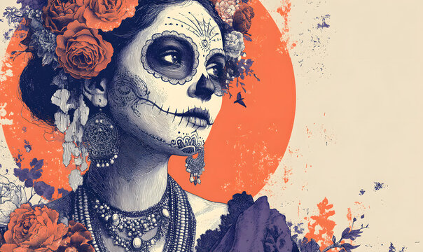 dia de los muertos day of the dead mexican holiday fstival vector poster banne and card with, anta muert woman make up sugar skullgirl face with flowers wreth hand drawn