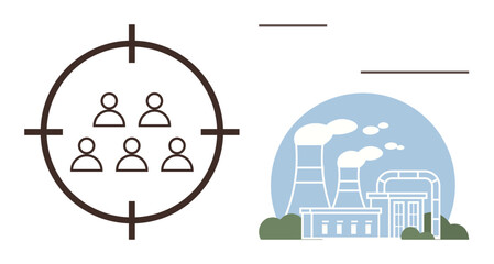 Factory with smoke-emitting chimneys beside a target containing people. Ideal for marketing, population analysis, energy consumption, industrial impact, environmental focus, pollution, business
