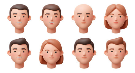 Fototapeta premium Portraits and avatars making. Vector isolated 3d, set of characters faces with no features. Blank expression of men, women and children. Social media and metaverse pictures for accounts