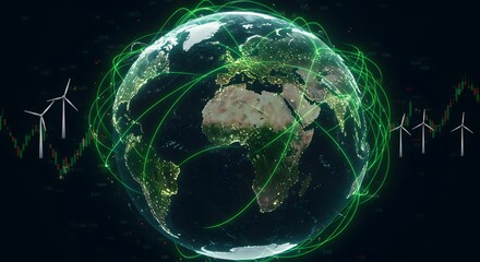 Green Energy Grid: Earth Globe, Wind Turbines, and Global Financial Data Interconnection