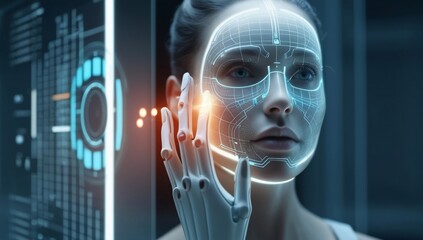 Face scan with futuristic tech, and woman.